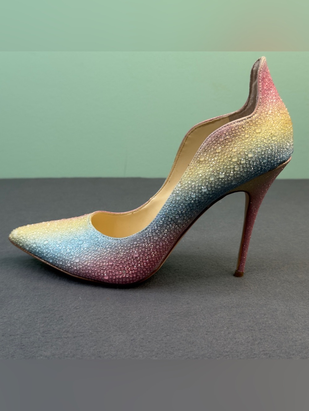 Jessica Simpson Pastel Rainbow Crystal Pointed Toe Pumps - Pink Blue Yellow - Picture 6 of 12